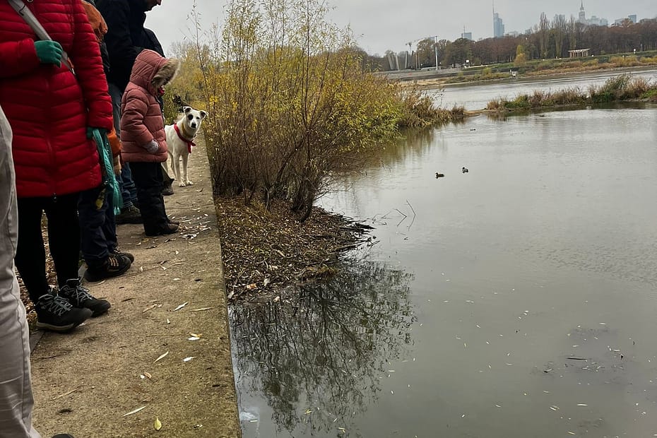 Grupa osób z dziećmi i psem stoi nad brzegiem rzeki, obserwując wodę; w tle widoczna jest miejska panorama Warszawy z wieżowcami i drzewami.